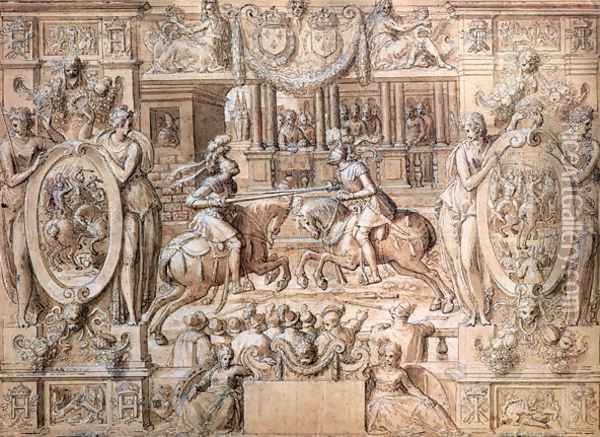 Tournament on the Occasion of the Marriage of Catherine de Medici (1519-89) and Henri II (1519-59) in 1533 Oil Painting - Antoine Caron