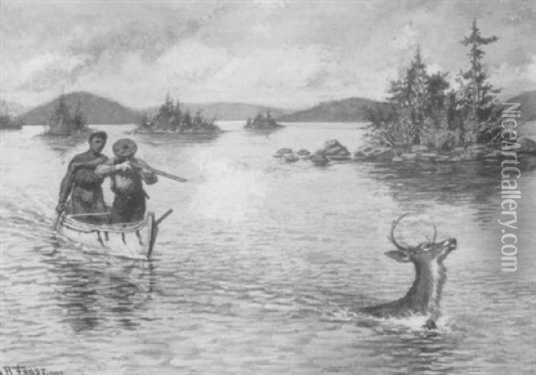 Men Hunting Swimming Deer From Canoe Oil Painting - Arthur Burdett Frost Sr.