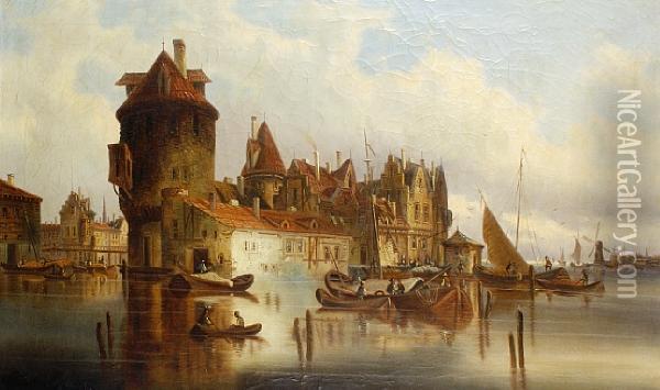 A Riverside Town Oil Painting - Gessnitzner