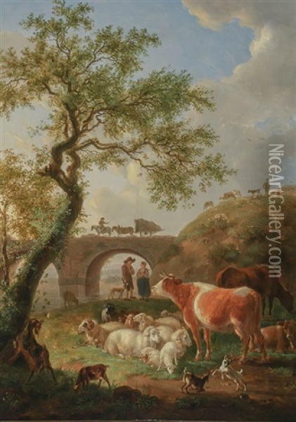 Landscape With Aqueduct, Farm Animals And Shepherds Oil Painting - Jean-Baptiste De Roy