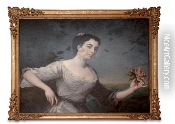 Jeune Femme A La Rose Oil Painting - Jean Raoux