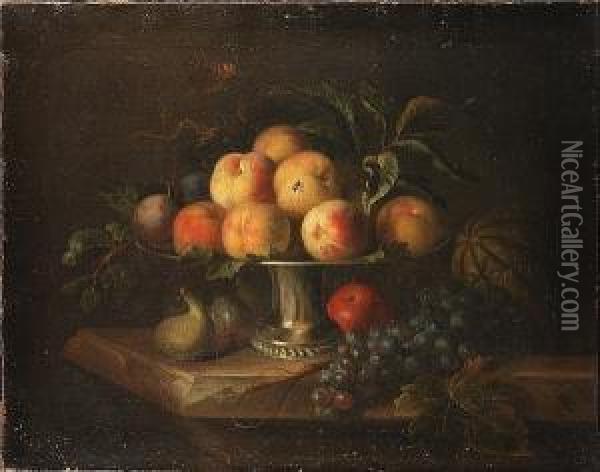 Peaches On A Silver Tazza With A Melon, An Apple, Grapes And Figs On A Stone Ledge Oil Painting - Tobias Stranover
