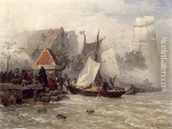 Ankernde Fischer In Einem Hollandischen Hafen Oil Painting - Andreas Achenbach