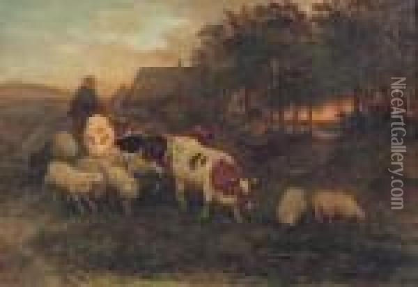A Herdsman And Cattle In A Brabantine Landscape Oil Painting - Henriette Ronner-Knip