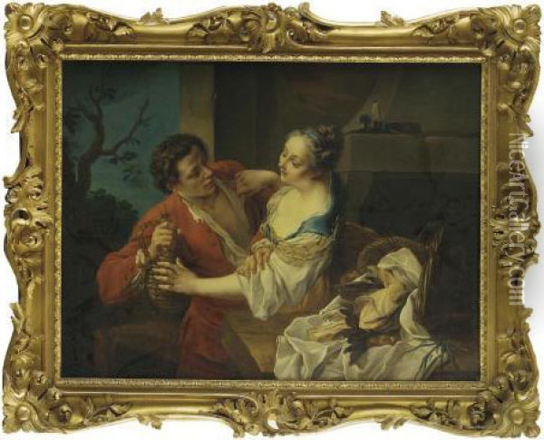 An Amorous Couple In A Domestic Interior With A Landscape Beyond Oil Painting - Hugues Taraval