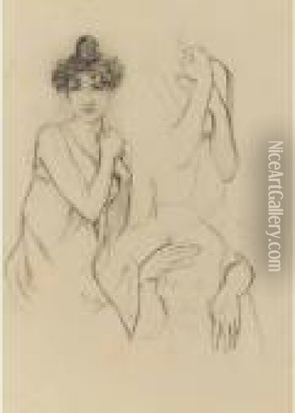 Study Of A Young Woman; Separate
 Study Of Her Arms And A Study Of Her Hands Embracing A Man's Head Oil Painting - Alphonse Maria Mucha