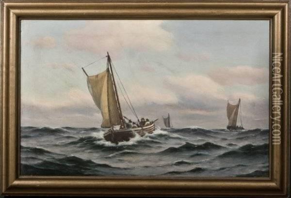 Johan Neumann, Danish Fishermen At Sea Oil Painting - Johann Jens Neumann