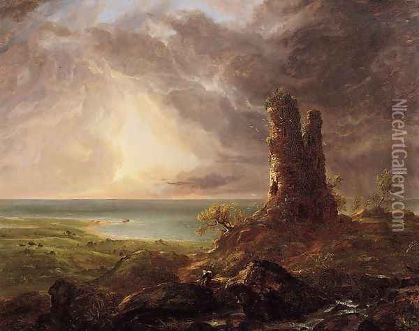 Romantic Landscape with Ruined Tower Oil Painting - Thomas Cole