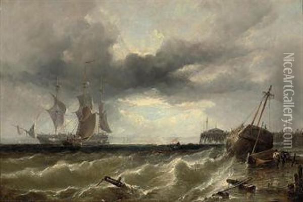 A Beached Wreck And Other Shipping Off Ryde Pier Oil Painting - Edwin Hayes
