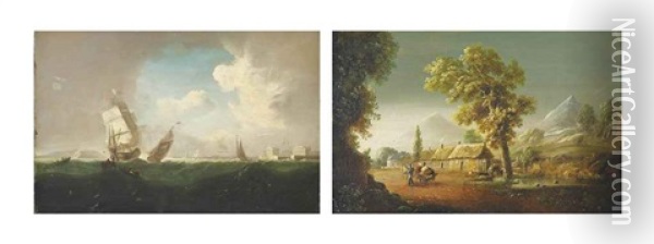 Shipping At The Pigeon House, Dublin Bay (+ The Two Sugar Loaves And Thatched Cottages At Enniskerry, Co. Wicklow; Pair) Oil Painting - William Sadler the Younger