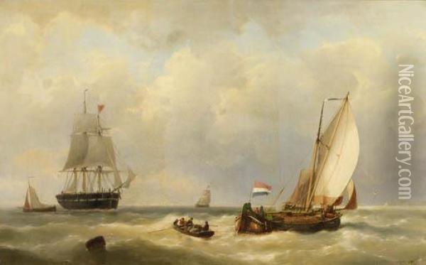 Sailors In A Rowingboat Approaching A Three-master At Sea Oil Painting - Johannes Hermann Barend Koekkoek