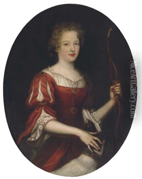 Portrait Of A Lady As Diana  In A Red Dress Oil Painting - Pierre Mignard the Elder