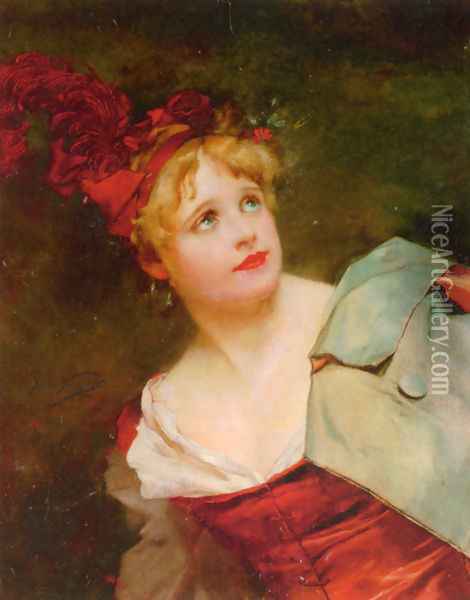 A Lady Wearing a Crimson Hat Oil Painting - Jules Adolphe Goupil