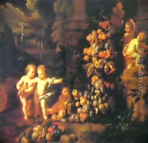 Putti Beside A Swag Of Fruit In A Park Oil Painting - Jan Pauwel Gillemans the Younger