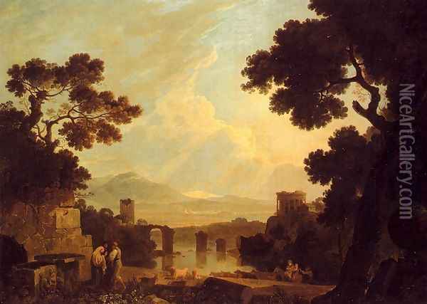 A Capriccio Landscape With The Temple Of The Sibyl At Tivoli And The Broken Bridge At Narni Oil Painting - Richard Wilson