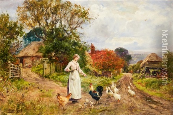 A Woman Feeding The Poultry Oil Painting - Henry John Yeend King