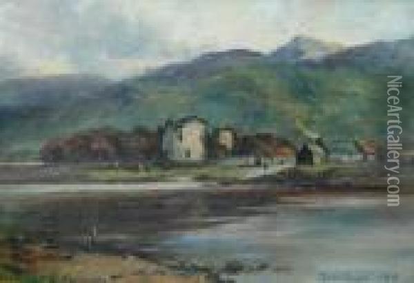Castle And Cottages Before A River Oil Painting - John Blake Macdonald