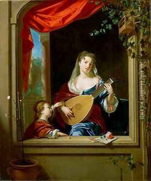 Elegant Lady Playing the Lute at a Window Oil Painting - Philip van Dyck