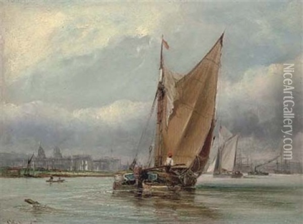 Barges On Greenwich Reach Oil Painting - George William Crawford Chambers