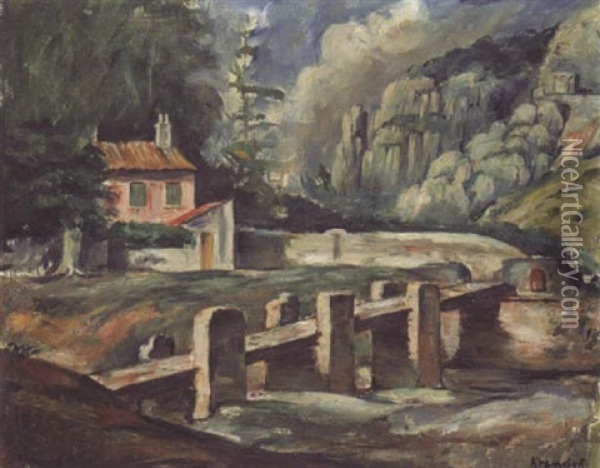Passerelle Sur La Riviere Oil Painting - Romain Kramstyk