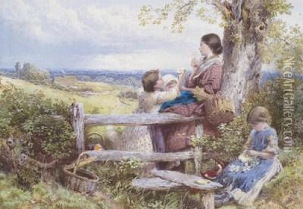 A Mother And Children By A Stile; An Afternoon Rest Oil Painting - Myles Birket Foster