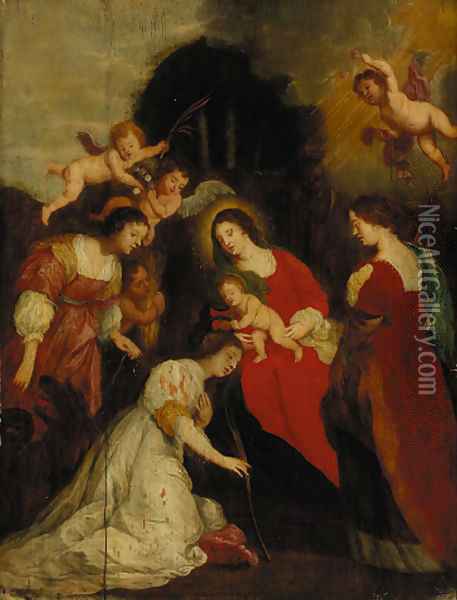The Crowning of Saint Catherine with Saint Agatha and Saint Euphemia Oil Painting - Sir Peter Paul Rubens