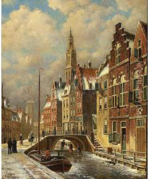 Skaters On A Canal In A Dutch Town Oil Painting - Oene Romkes De Jongh