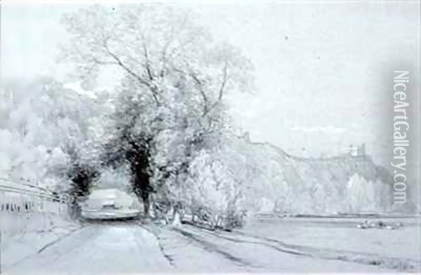 Road bordering meadows and a castle Oil Painting - William Roxby Beverly