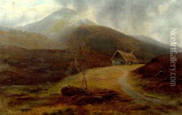 A Moorland Scene With Cattle Grazing With Mountains Beyond, Wales (?) Oil Painting - William Mellor