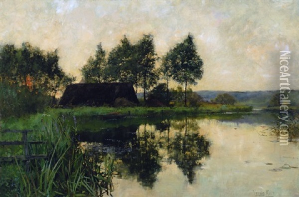 Sunset Over A Cottage On A Peaceful Stream Oil Painting - Henry John Yeend King
