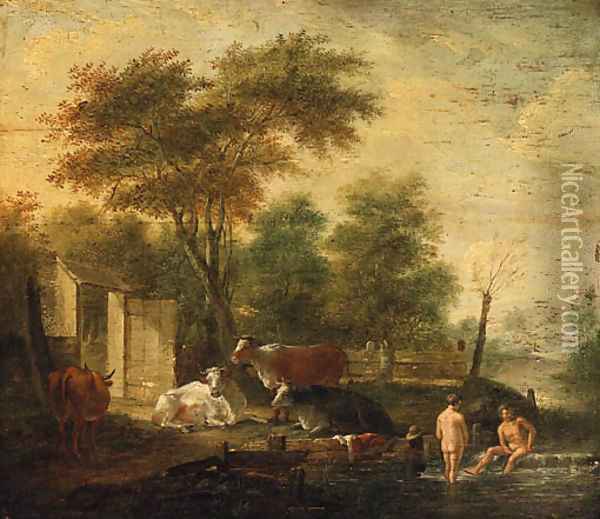 Herdsmen bathing in a Stream with Cattle grazing on a Bank nearby Oil Painting - Albert Klomp