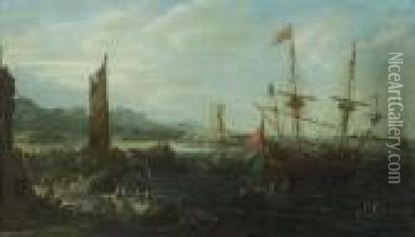 A Coastal Capriccio Scene With Numerousfigures In The Foreground Oil Painting - Andries Van Eertvelt