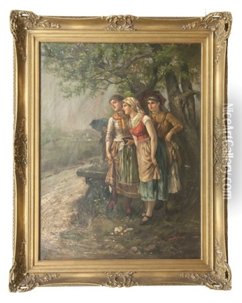 Drei Madchen, Vor Dem Regen Schutz Suchend Oil Painting - Hans Sellenati