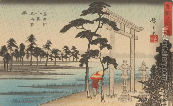 Temple Landscape With Travelers In The Rain Oil Painting - Utagawa or Ando Hiroshige