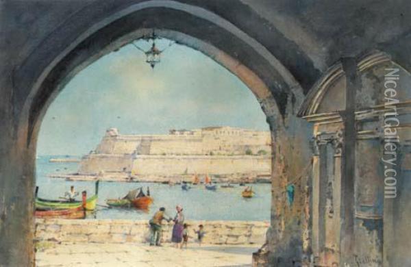 The Fortress By The Sea, Malta; And Travellers On Their Way Tovalletta, Malta Oil Painting - Angelos Giallina