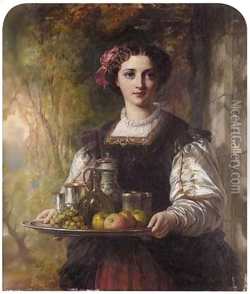 A Young Lady Carrying A Tray With Grapes, Apples And Drinks Oil Painting - Charles Baxter