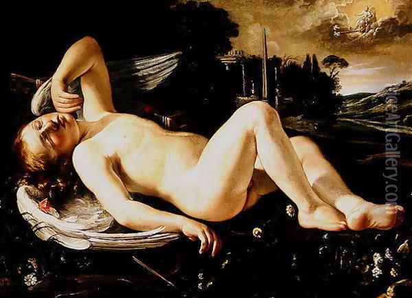 Cupid Asleep Approached by Venus in her Chariot Oil Painting - Orazio Riminaldi