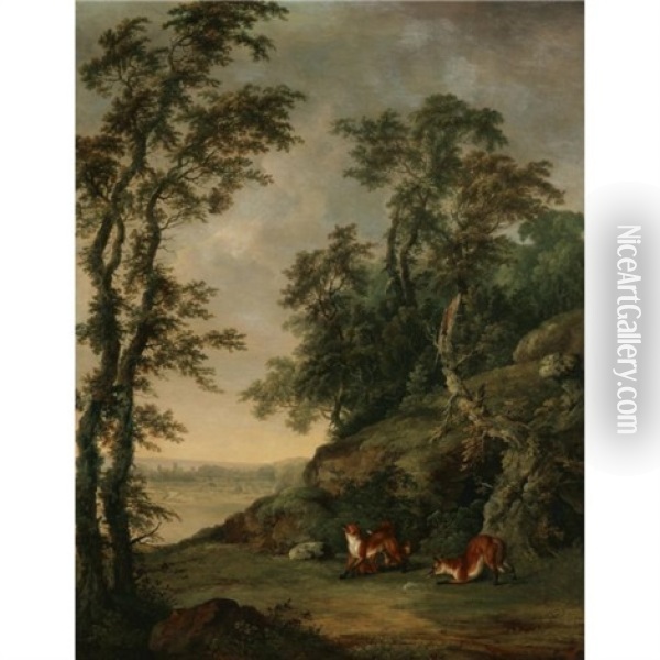 A Fox Family In An Extensive Landscape (collab. W/george Barret) Oil Painting - Sawrey Gilpin
