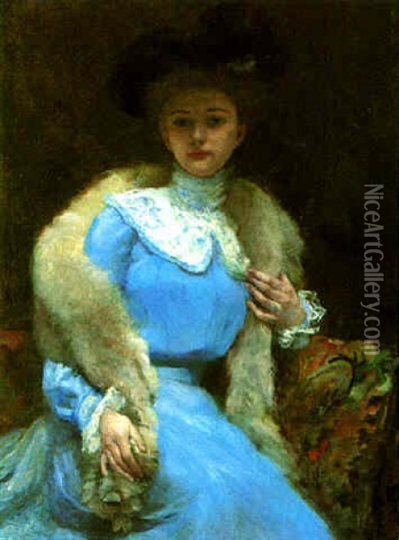 An Elegant Lady Seated Wearing A Fur Stole Oil Painting - Simon Lucien