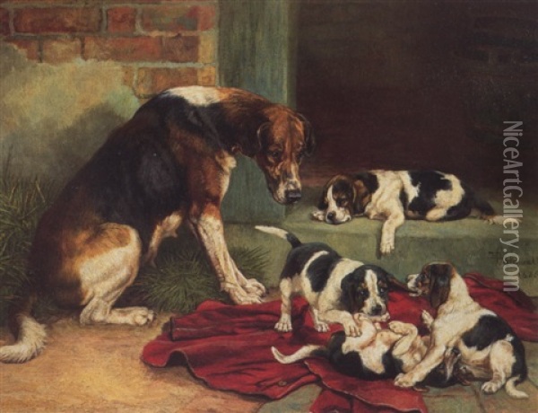 A Hound With Puppies Oil Painting - Edmund Caldwell