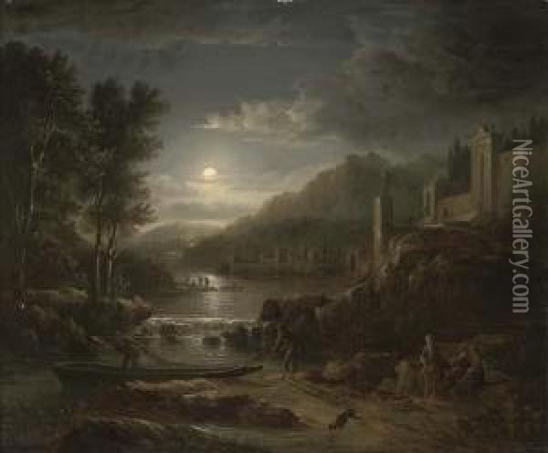 Fishermen Along A River By Moonlight Oil Painting - Abraham Pether