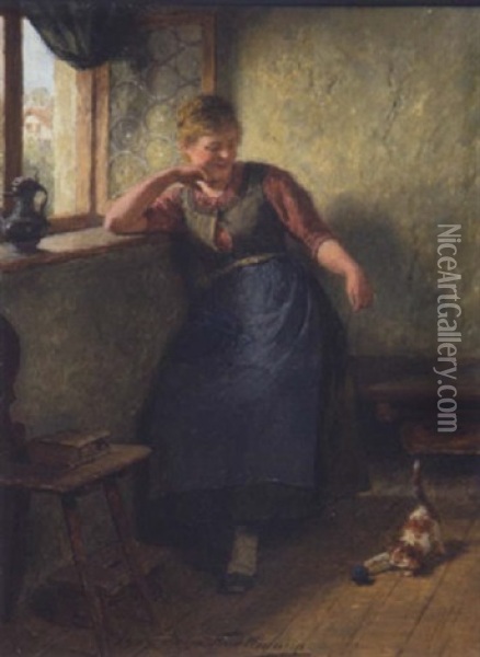Madel Mit Katze Am Fenster Oil Painting - Hugo Wilhelm Kauffmann