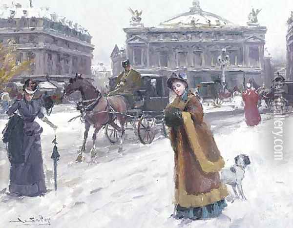 Figures in the snow before the Opera House, Paris Oil Painting - Joan Roig Soler