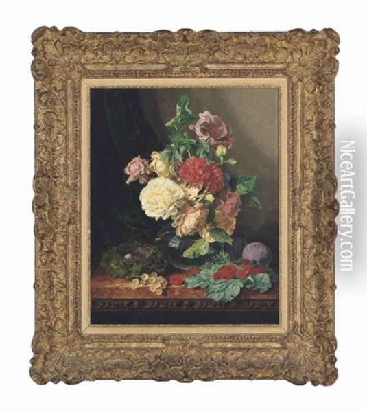 Carnations And Roses In A Glass Vase On A Ledge With Plums, Raspberries, Gooseberries, And A Birds Nest With Eggs Oil Painting - Edward Ladell