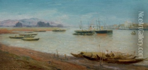 Vue D'un Port Au Tonkin Oil Painting - Gaston Marie Anatole Roullet