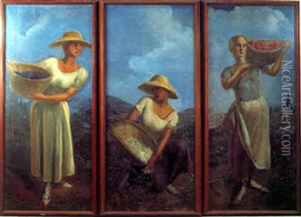 Les Trois Cueilleuses Oil Painting - Alexander Evgenievich Iacovleff