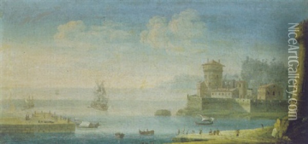 Marina Mediterranea Con Fortificazioni Costiere, Un Vascello E Varie Lance Alla Rada Oil Painting - Orazio Grevenbroeck