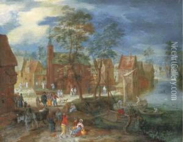 A Village Scene With Peasants Strolling By A River Bank Oil Painting - Pieter Gysels