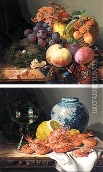 Still Life With Peaches, Plums, Cherries, Grapes A Pear And A Bird's Nest (+ Still Life With Prawns, A Lemon, Wine Glass And Delft Pot; 2 Works) Oil Painting - Edward Ladell