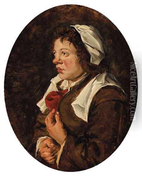 A young peasant woman, half-length, in a brown dress and a white cap Oil Painting - Jan or Johannes Hals